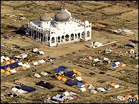 An aerial view shows the tents pitched by the survivors backing to their village at Lampuuk village in Aceh Besar, Indonesia,