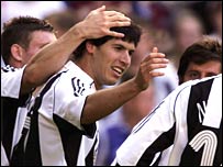 Albert Luque of Newcastle celebrates his goal during the Intertoto Cup 3rd round match between Newcastle United and Lillestrom