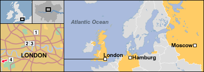 Map of key locations in Europe in the Litvinenko investigation