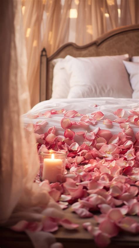 Bed adorned with rose petals, voicing silent passion