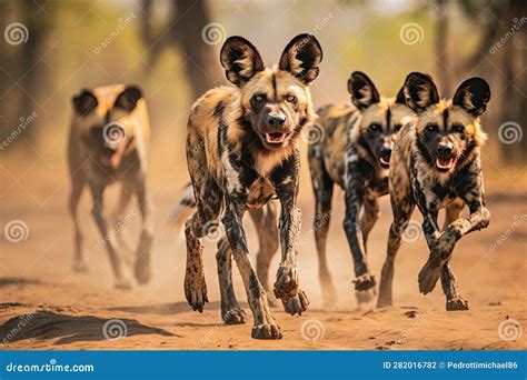 African Wild Dogs Savanna S Feral Canines Stock Illustration ...