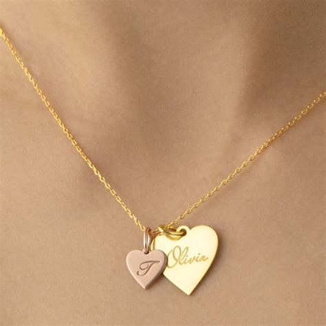 Custom Heart Name Necklace, Engraved Necklace with Name, Double Heart ...