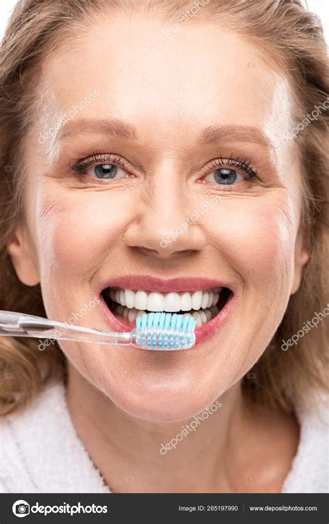 Middle Aged Woman Toothy Smile Brushing Teeth Isolated White Stock ...