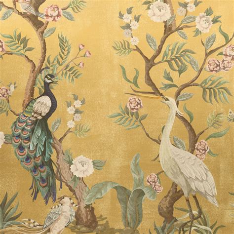 Gold Metallic Chinoiserie Cherry Blossom Bird Luxury Wallpaper Mural ...