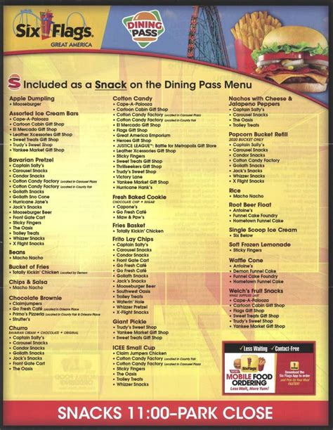 2021 Six Flags Great America Season Dining Pass Menu #2 - )