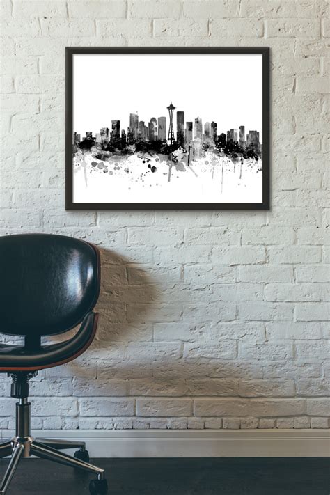 Seattle Skyline, Black and White,digital Watercolor Art Print, Modern ...