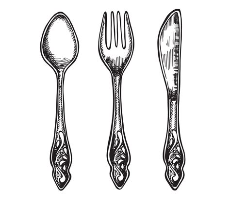 Spoon, fork and knife hand drawn illustration. 7445899 Vector Art at ...