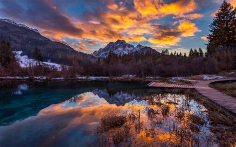 Slovenia, mountains, sky, clouds, lake, sunset, dusk wallpaper | nature ...