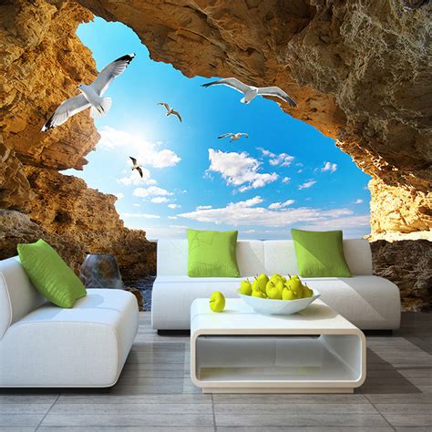 Custom Murals Wallpaper 3D Sky Clouds Seagulls Cave | BVM Home