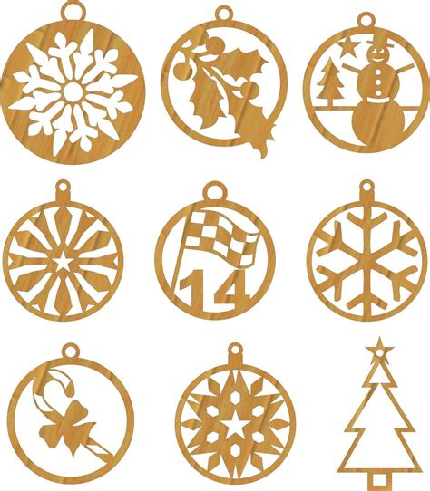 gold christmas ornaments with snowflakes and trees on them, all in ...