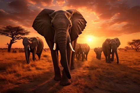 Premium AI Image | Herd of elephants in the savanna at sunset