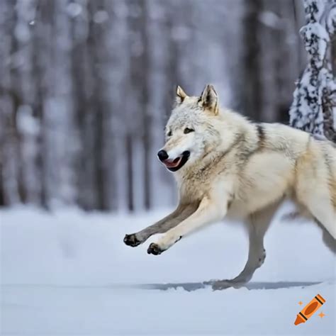 Image of a white wolf sprinting in the snow on Craiyon