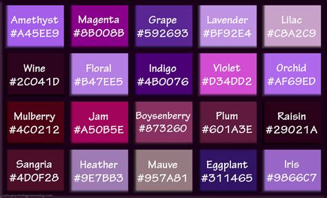 Shades of Purple & Names with HEX, RGB Color Codes