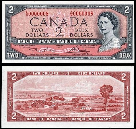 1954 $2 Bank of Canada Note S/N P/G 0000008 Lucky Low Serial Number 8 ...