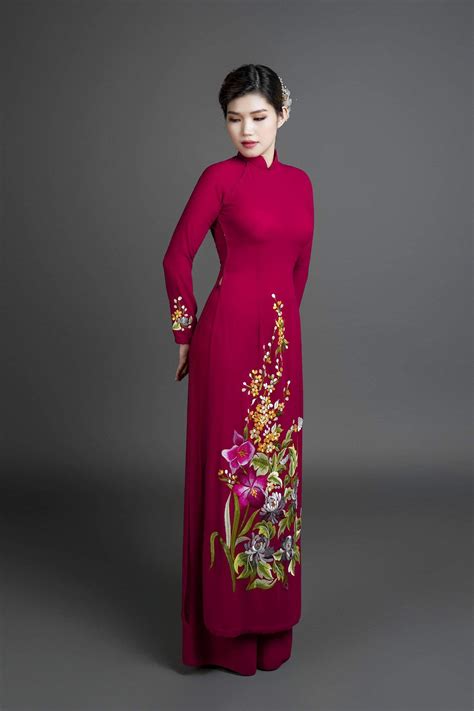 Custom ao dai, Vietnamese traditional dress in burgundy silk with ...