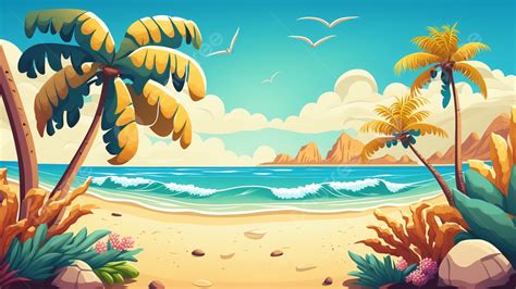 Summer Beach Cartoon Background, Summer, Beach, Vacation Background ...