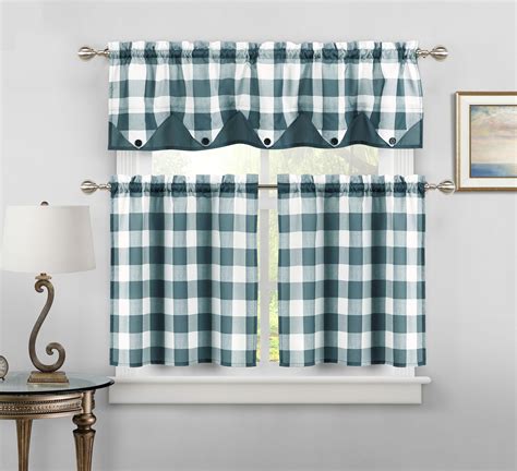 Sheer Small Dark Teal and White Three Piece Kitchen/Cafe Tier Window ...