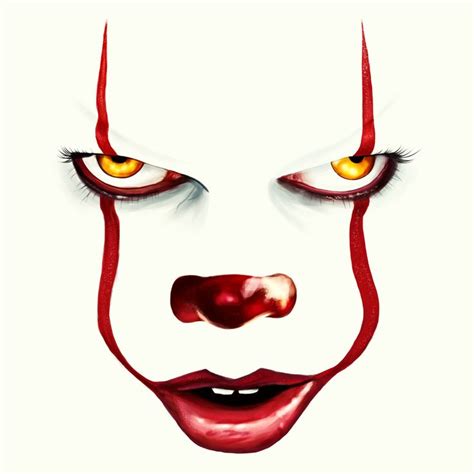 a close up of a clown's face with yellow eyes