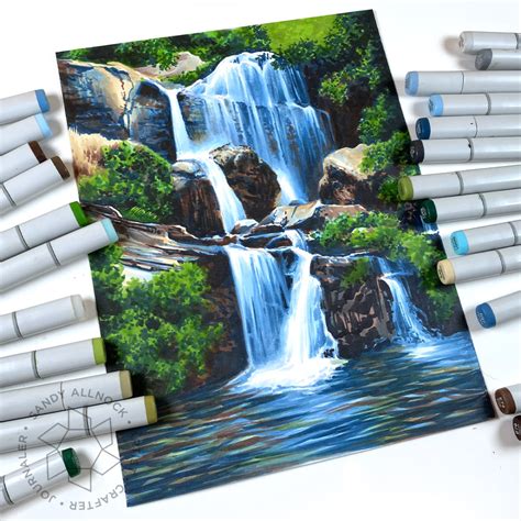 Cool Waterfall (Copic Marker Drawing) | Sandy Allnock | Copic marker ...