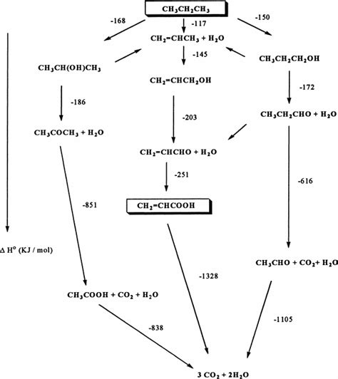 Propane oxidation pathways and calculated standard reaction enthalpies ...