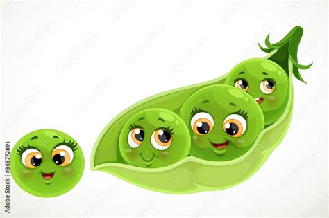 Cute little cartoon emoji green peas in a pod isolated on white ...