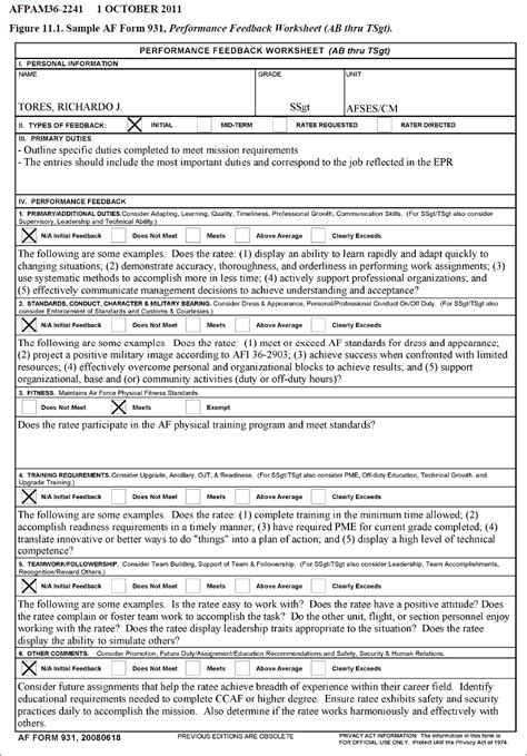 AF Form 931 Initial Feedback Example