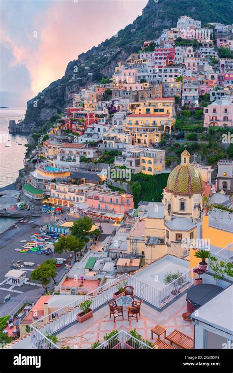 Sunset in Positano, Amalfi Coast, Salerno, Campania, Italy Stock Photo ...