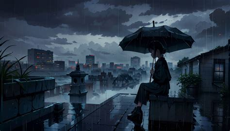 7680x1440 Resolution HD Sad Anime Girl in Dark Rain 7680x1440 ...