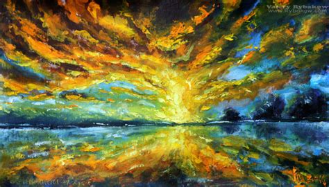 palette knife painting: Magic sunrise over the lake Artist Valery ...