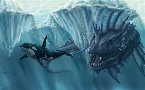 Sea Monster Chasing Orca, orca, killer whale, ice, monster, abstract ...