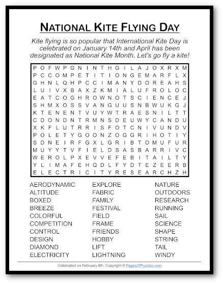 National Kite Flying Day Word Search - Pages of Puzzles