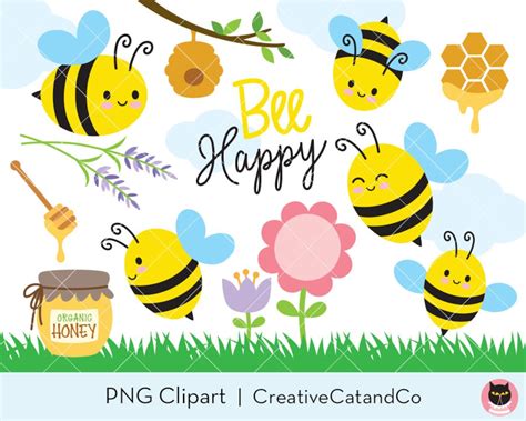 Bee Clipart, Cute Spring Bee Flower and Honey, Happy Bee With Honey Jar ...