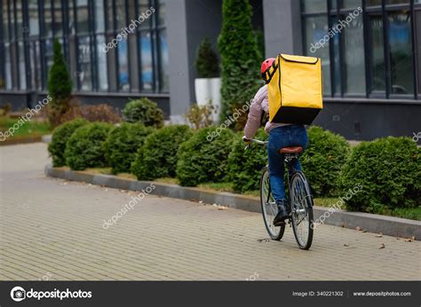 Back View Courier Thermo Backpack Riding Bicycle Urban Street Stock ...