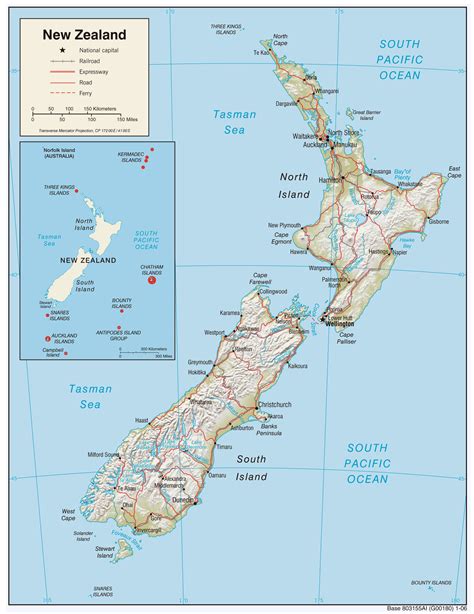 Large political and relief map of New Zealand with roads and cities ...