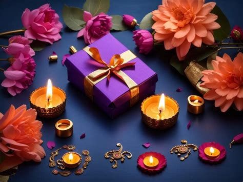 Premium AI Image | Beautiful diwali diyas with gift and flowers Happy ...