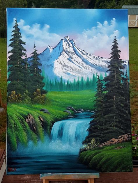 Mountain Landscape Waterfall Art Bob Ross Style Painting Art ...