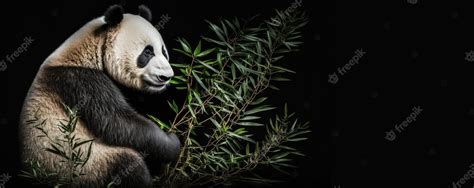 Premium Photo | Panda eating bamboo facing sideways on black background