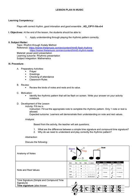 Lesson PLAN IN Rhythm - Music - LESSON PLAN IN MUSIC Learning ...