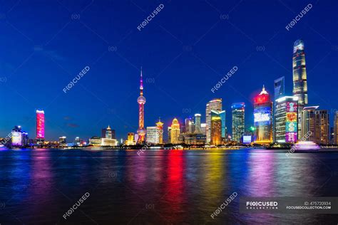 City skyline at night, Shanghai, China — horizontal, illuminated ...