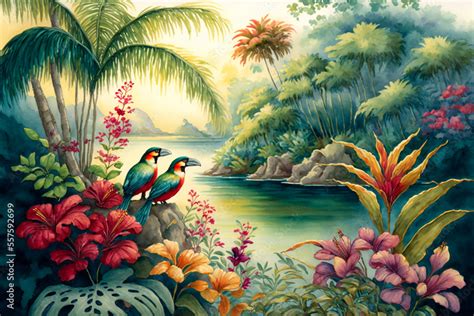 Watercolor tropical summer paradise scene with river, leaves. flowers ...