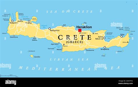 Crete, Greek island, political map, with capital Heraklion. Largest ...