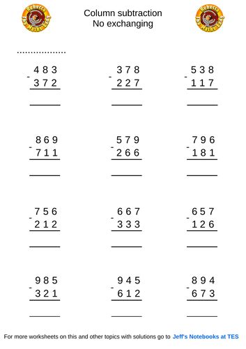 Column subtraction 3 digits no exchanging | Teaching Resources