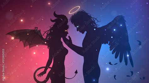 Silhouette of couple devil woman and angel man, concept of love of ...