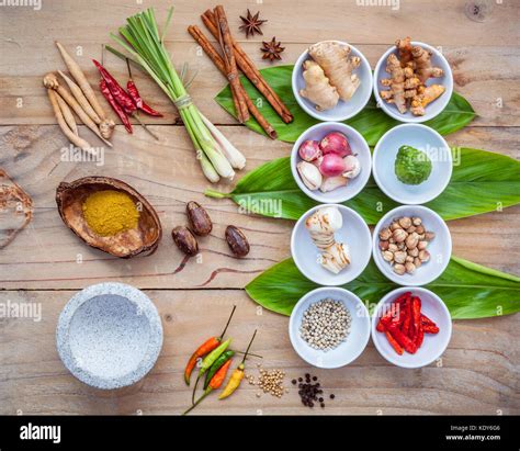 Various of thai food cooking ingredients for spice red curry paste ...