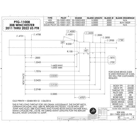 308 Winchester US FTR Match Finish Chamber Reamer-PTG-11008-