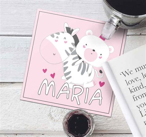 Baby Zebra and bear name personalised coasters - TenStickers