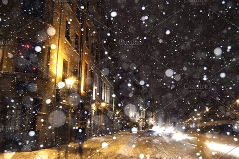 Montreal downtown at winter night featuring snowflakes, montreal, and ...