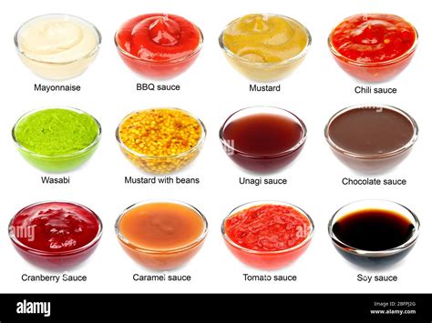 Set of different sauces with names on white background Stock Photo - Alamy