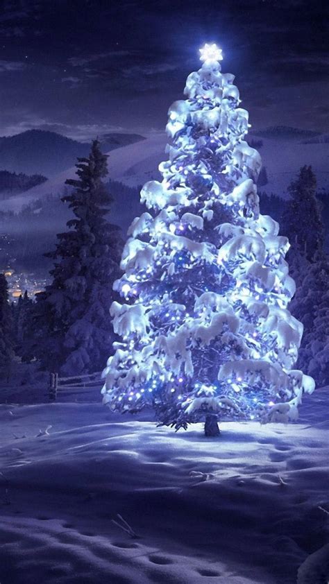 Download Bright blue Christmas tree against a snowy backdrop Wallpaper ...