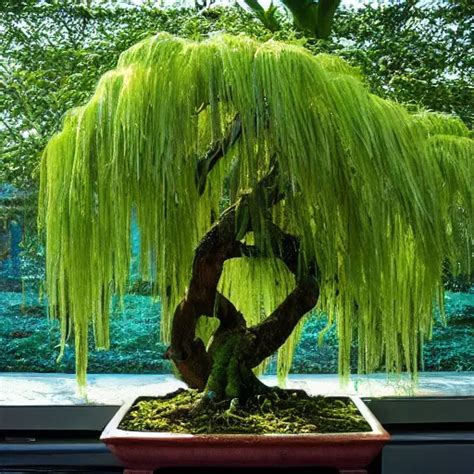 A Weeping willow bonsai tree, afternoon sun shines | Stable Diffusion